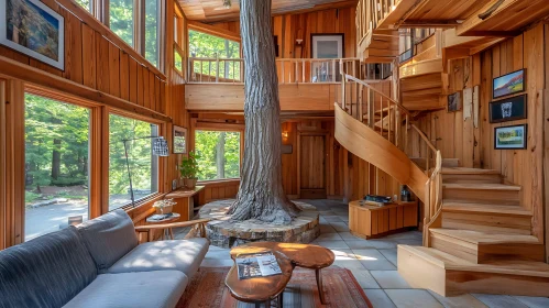 Wooden Interior with Integrated Tree