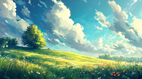 Peaceful Landscape with Flowers and Clouds