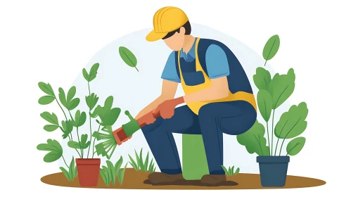 Gardening Scene with Watering Plants