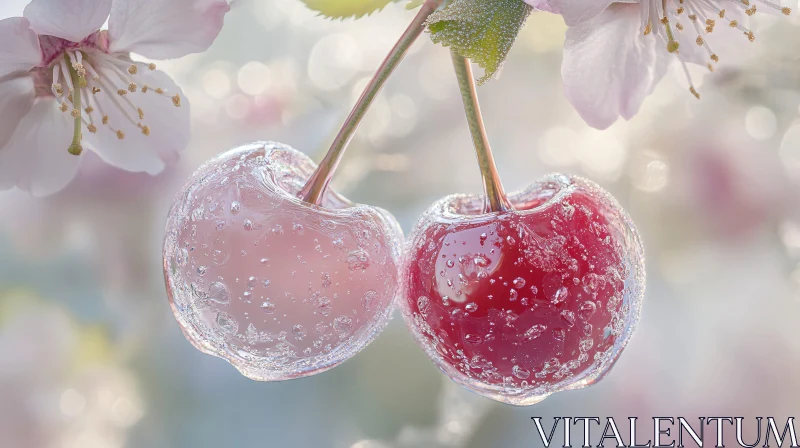 AI ART Translucent Cherries with Dew and Blossoms