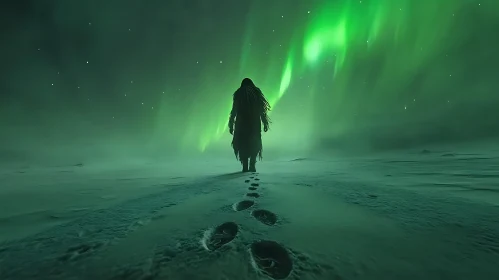 Mystic Figure in Snowy Aurora Landscape