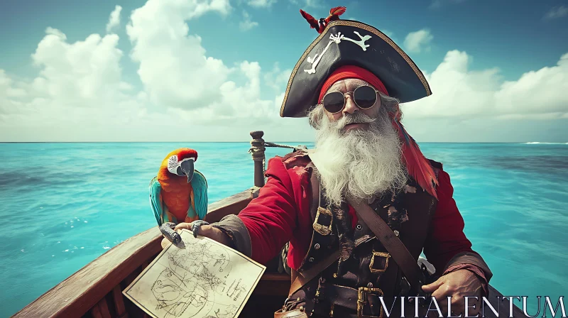 Seafaring Pirate with Parrot and Treasure Map AI Image