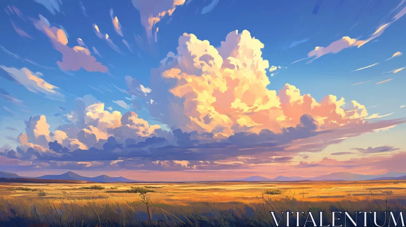 Peaceful Landscape with Golden Field AI Image