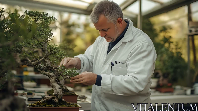 Bonsai Master at Work in Greenhouse AI Image