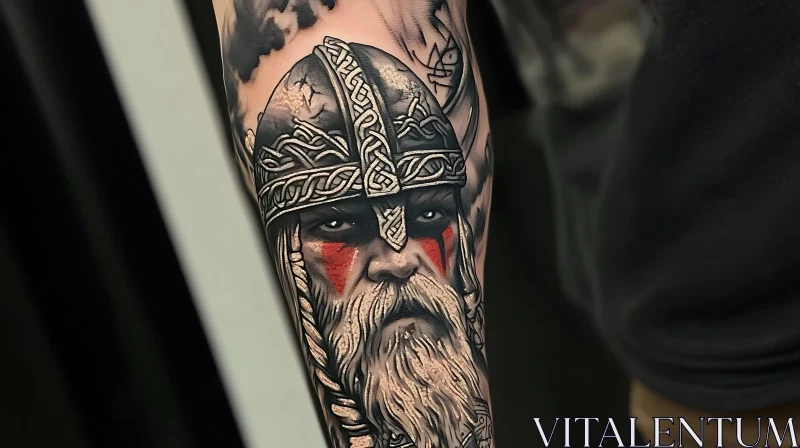 Fierce Viking Arm Tattoo with Helmet and Beard AI Image