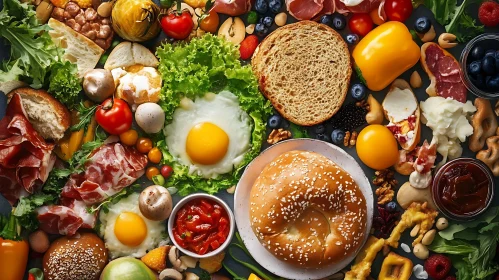 Breakfast Assortment with Fresh Vegetables and Fruits