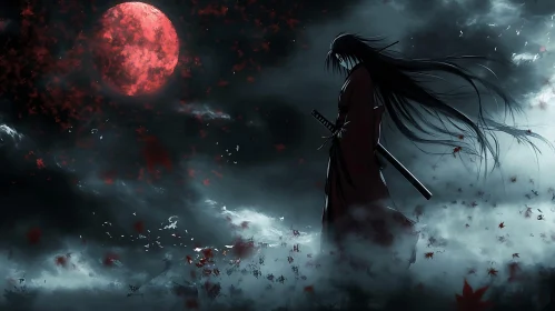 Warrior's Silhouette: Blood Moon Night