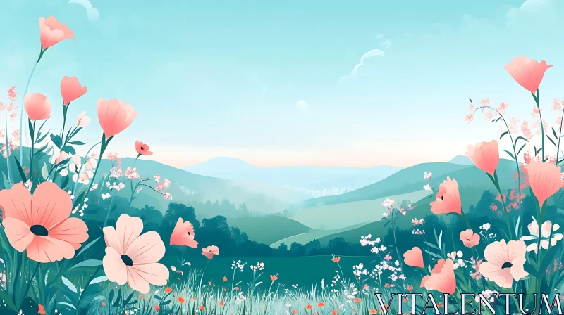 Floral Meadow with Rolling Hills AI Image