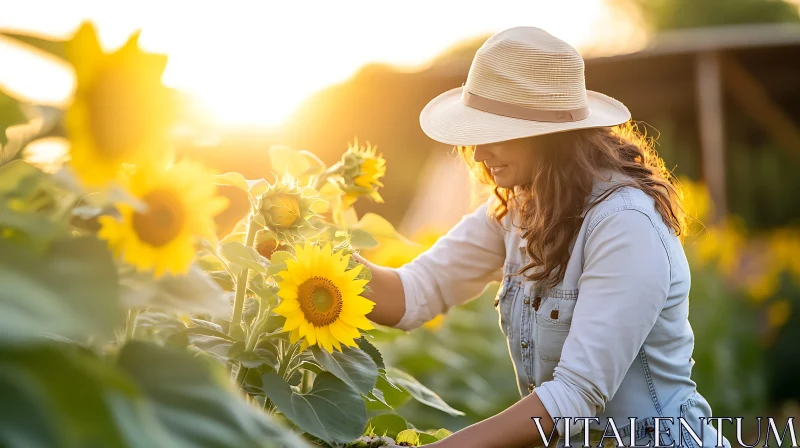 Woman Caring for Sunflowers at Sunset AI Image