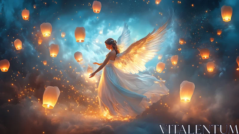 AI ART Heavenly Angel in Flight with Lanterns