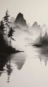 Serene Misty Lakeside with Mountain Reflections