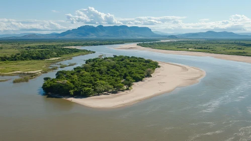 Scenic River with Island and Mountains