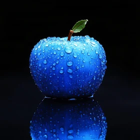 Vibrant Blue Apple with Water Droplets and Reflection