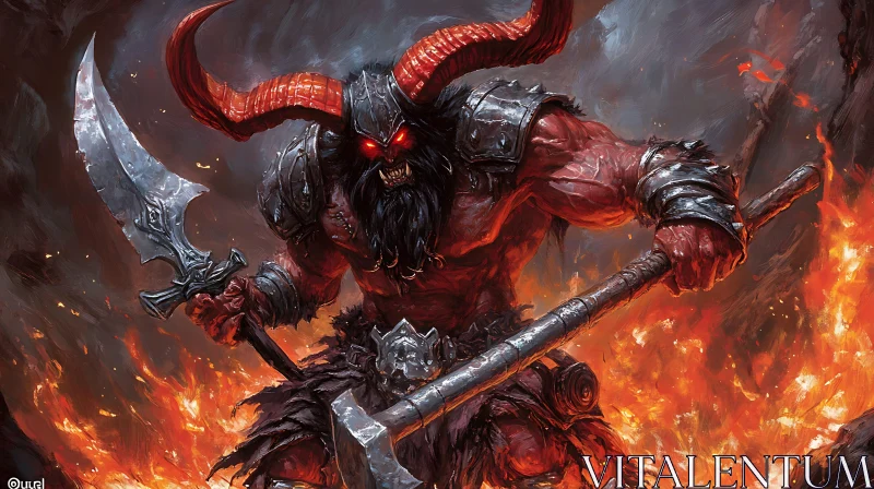 AI ART Red-Skinned Demon with Axe and Sword