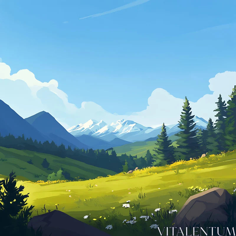 AI ART Green Field and Mountain Scenery