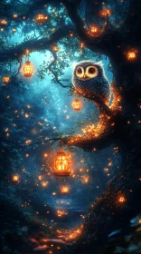 Owl and Lanterns in Magical Forest