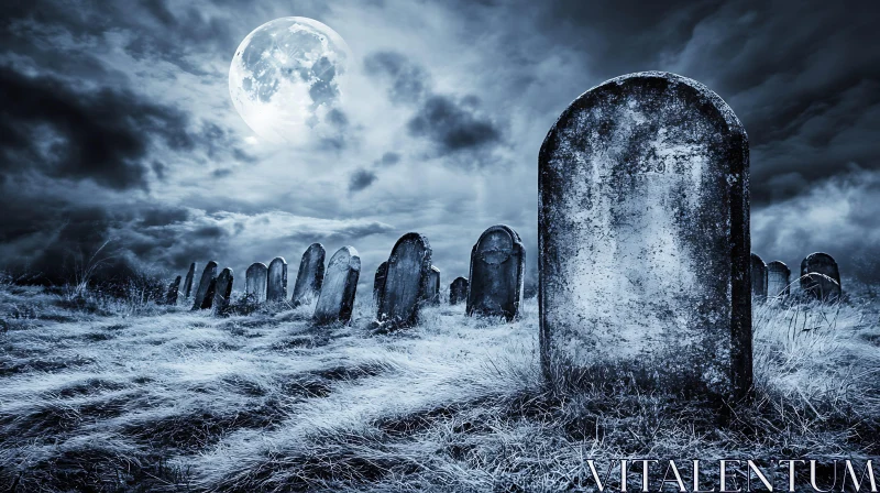 Moonlit Tombstones in Silent Graveyard AI Image