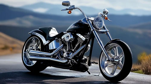 Chrome Motorcycle with Mountain Backdrop