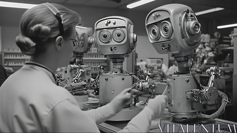 Robots Assembly Line in Black and White AI Image