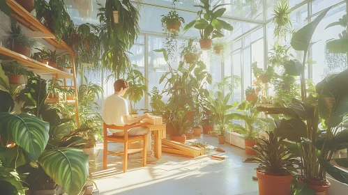 Indoor Greenhouse Scene With Person Assembling Furniture