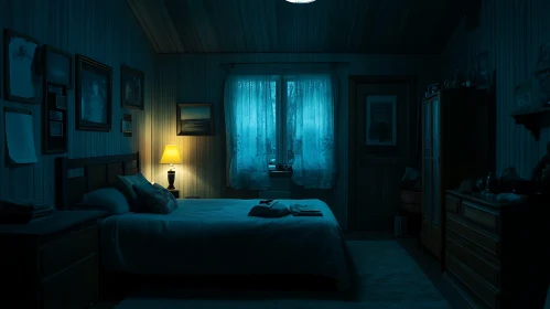 Nighttime Bedroom Interior with Lamp