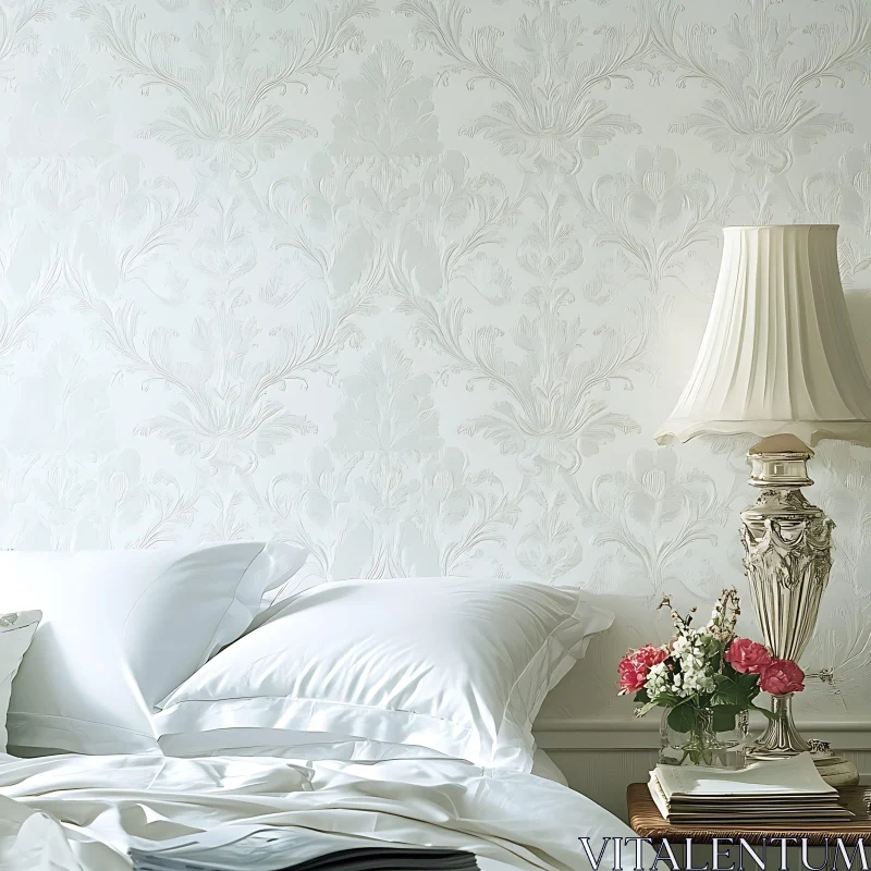 White Bedroom with Floral Wallpaper and Lamp AI Image