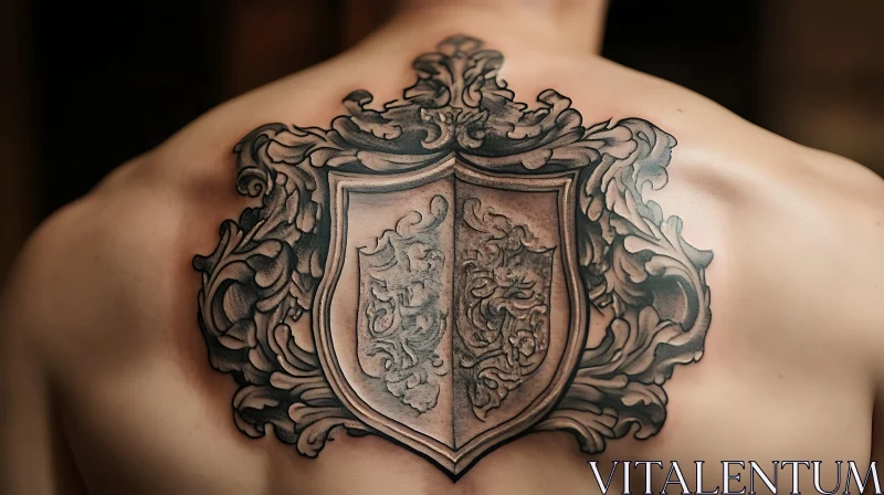 Intricate Shield Tattoo Design on Upper Back AI Image