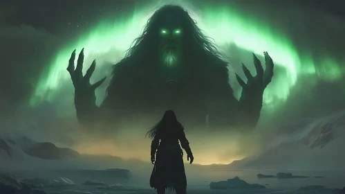 Otherworldly Giant Confrontation Under Northern Lights