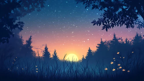 Serene Night Landscape with Fireflies and Sunset