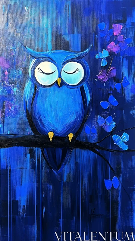 Dreamy Blue Owl with Butterflies AI Image