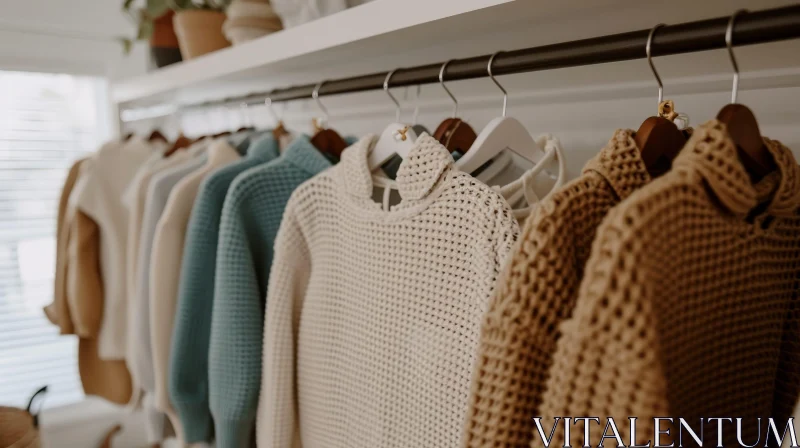 Fashion: Close-up of Clothing Rack with Sweaters in Neutral Colors AI Image