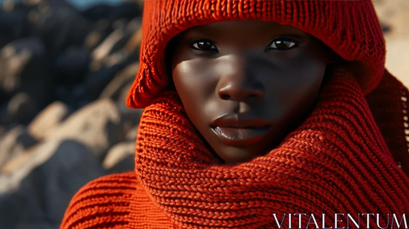 Serene African-American Woman in Red Knitted Hat and Scarf AI Image