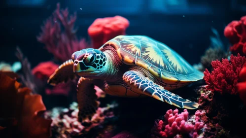 Underwater Aquarium Turtle Amidst Colorful Corals