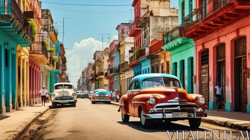AI ART Vintage Car in Colorful Havana Street - Nostalgic Cuban Cityscape