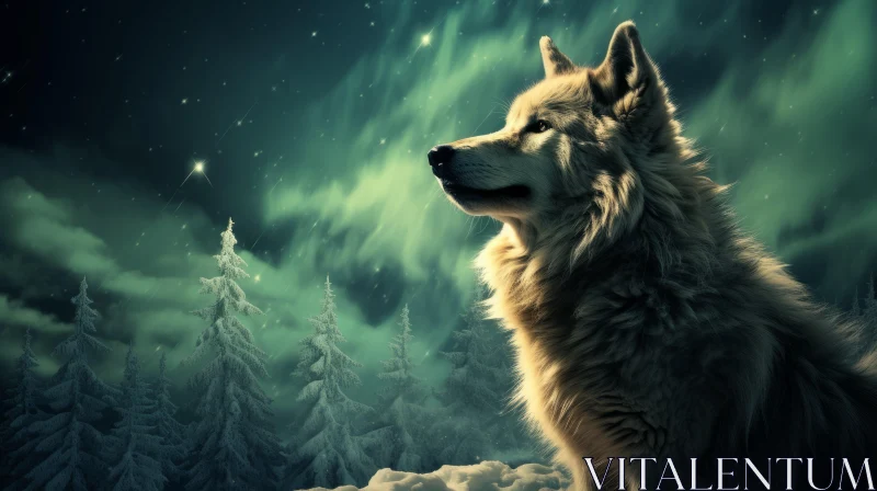 Wolf Under Winter Lights: A Mystical Snowy Night Scene AI Image
