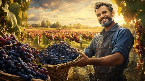 Man with Grapes in Vineyard