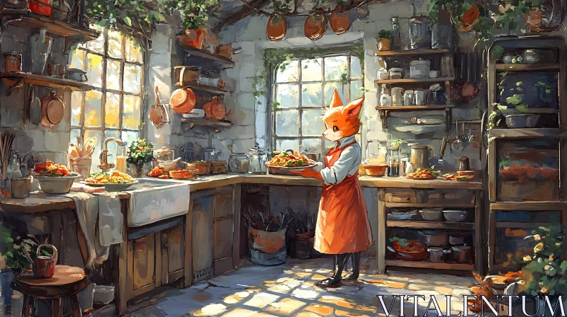 AI ART Anime Fox Cooking in Cozy Kitchen