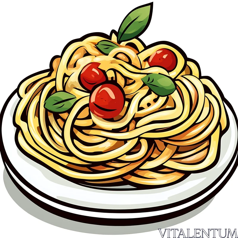 Cartoon Spaghetti Dish with Fresh Tomatoes and Basil AI Image