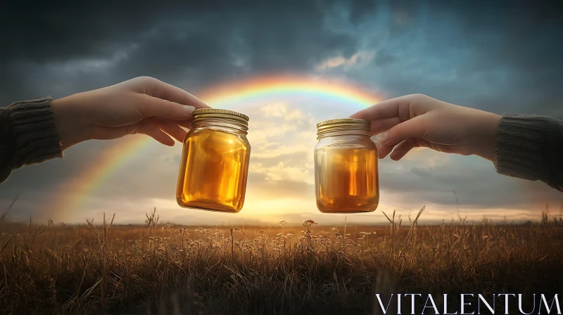 AI ART Golden Honey Under a Rainbow Sky