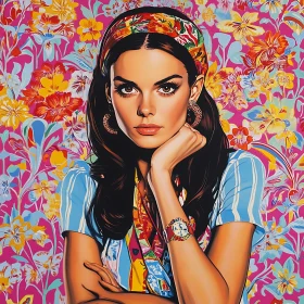 Retro Style Woman with Floral Background