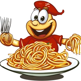 Happy Cartoon Character Eating Spaghetti