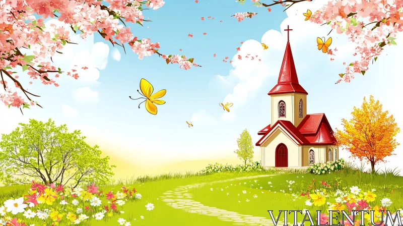 Idyllic Church Scene with Floral Meadow AI Image