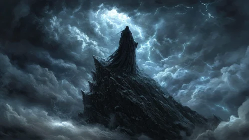 Cloaked Figure in Stormy Landscape