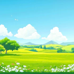 Cartoon Landscape with Flowers and Clouds