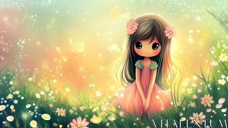 AI ART Innocent Anime Child in Floral Field