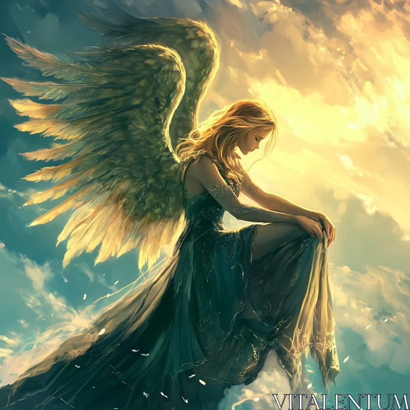 AI ART Contemplative Angel with Wings in Sunlight