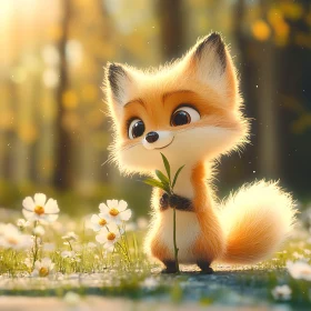 Cartoon Fox in a Flower Meadow