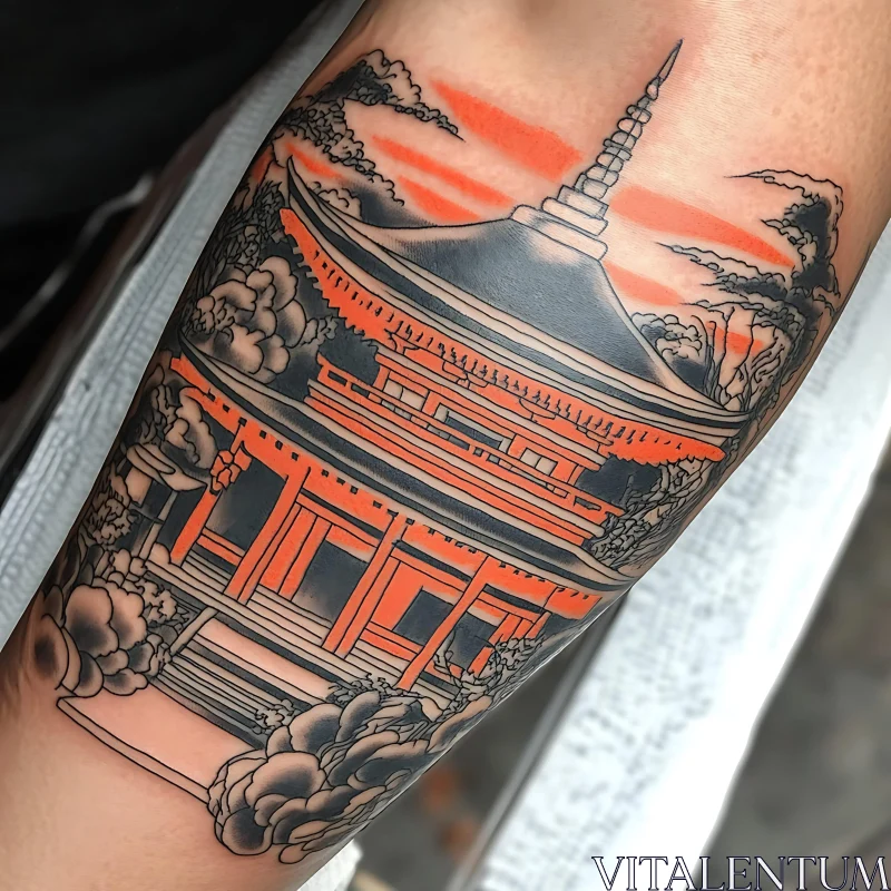 Intricate Japanese Pagoda Tattoo Design AI Image