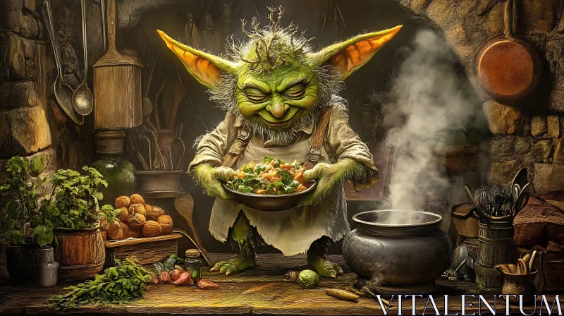 Fantasy Character Cooking in Rustic Kitchen AI Image