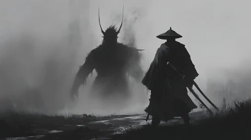 Foggy Encounter: Samurai Facing a Demon